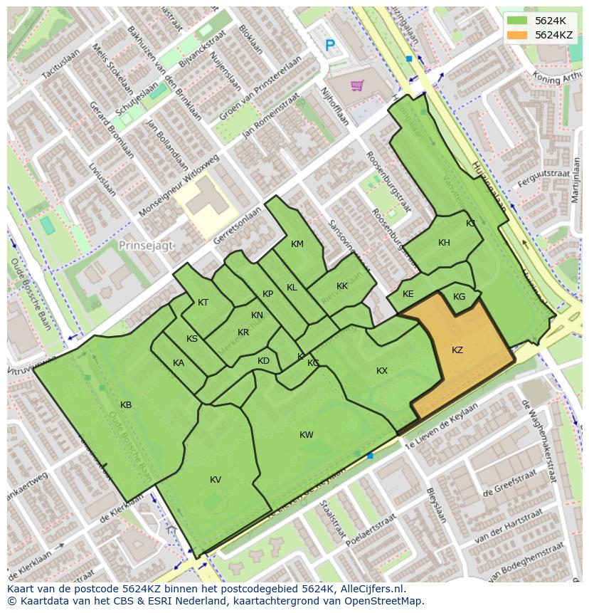 Afbeelding van het postcodegebied 5624 KZ op de kaart.