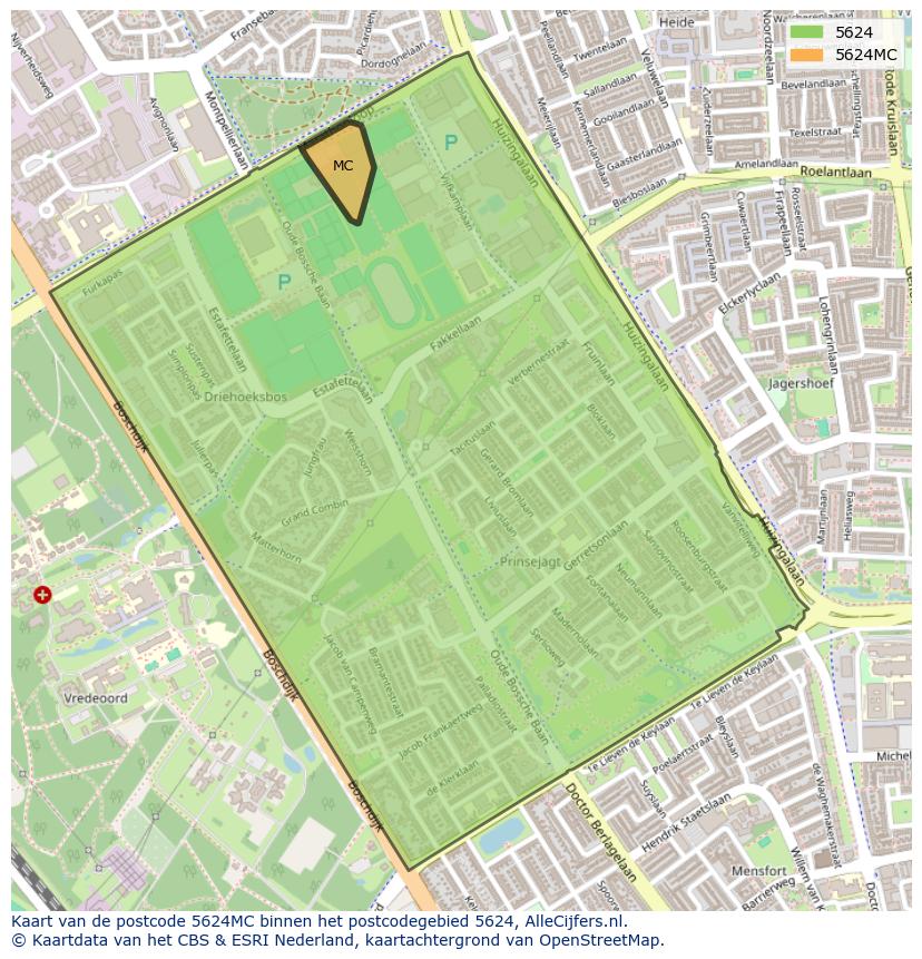 Afbeelding van het postcodegebied 5624 MC op de kaart.