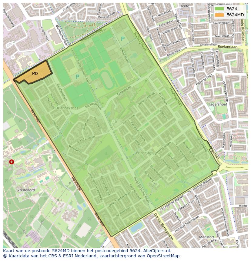 Afbeelding van het postcodegebied 5624 MD op de kaart.