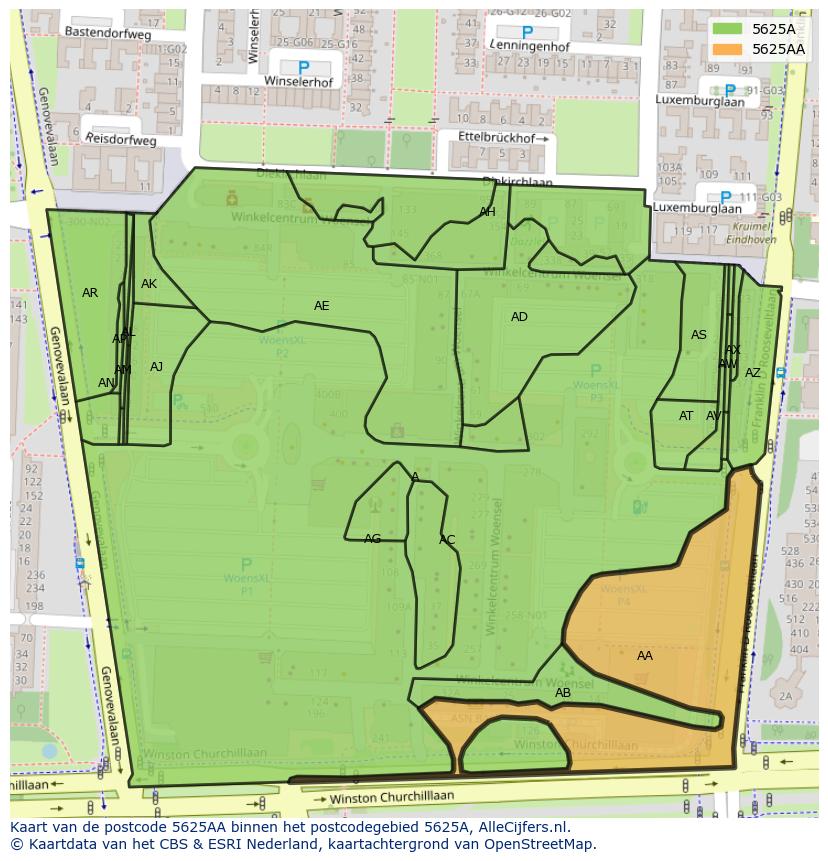 Afbeelding van het postcodegebied 5625 AA op de kaart.