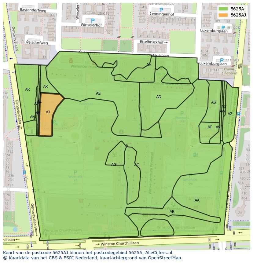 Afbeelding van het postcodegebied 5625 AJ op de kaart.