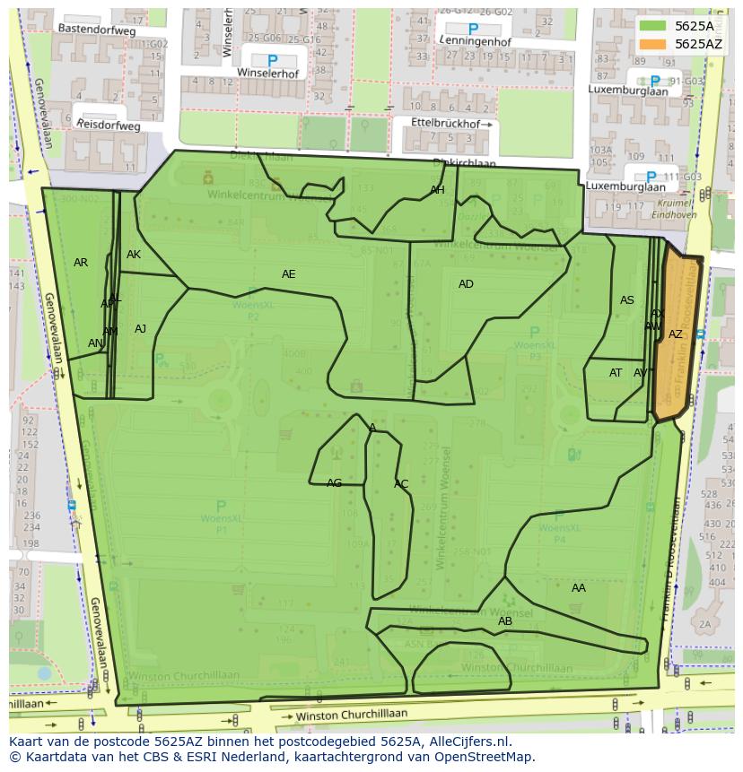 Afbeelding van het postcodegebied 5625 AZ op de kaart.