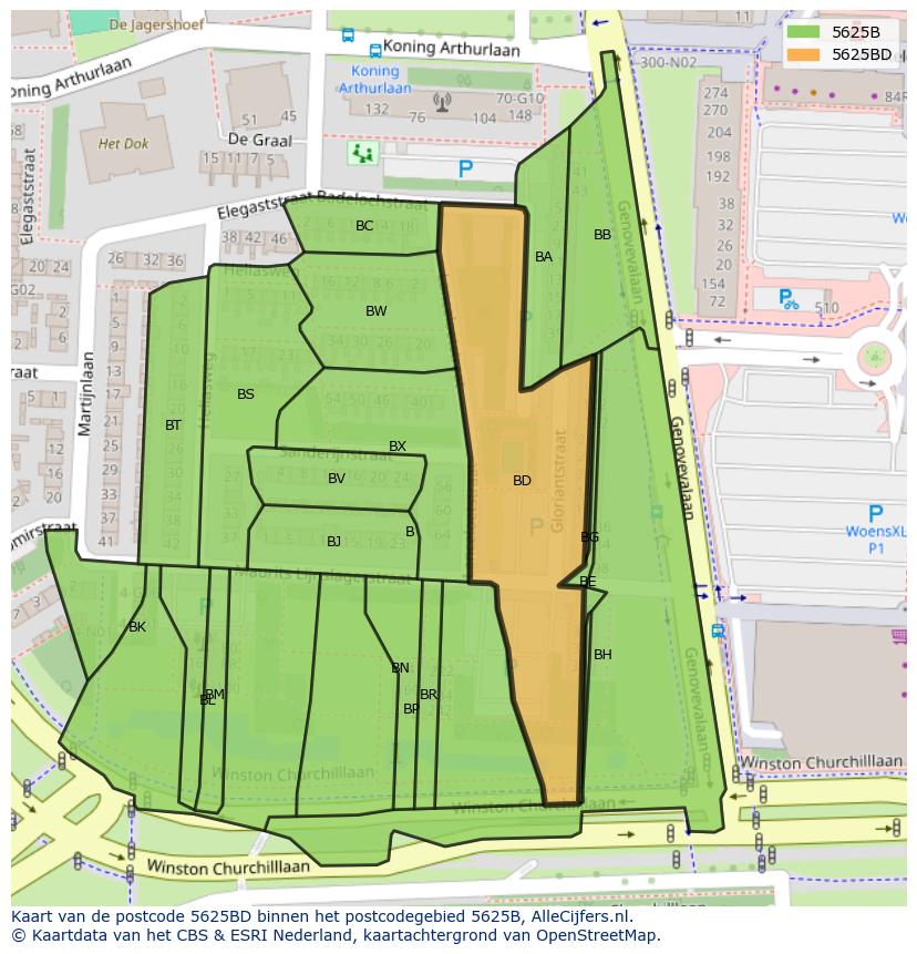 Afbeelding van het postcodegebied 5625 BD op de kaart.