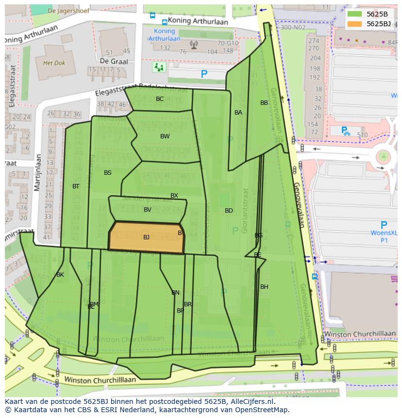 Afbeelding van het postcodegebied 5625 BJ op de kaart.