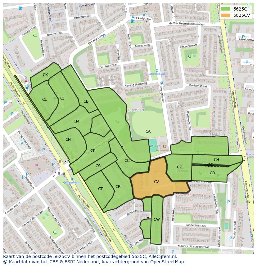 Afbeelding van het postcodegebied 5625 CV op de kaart.