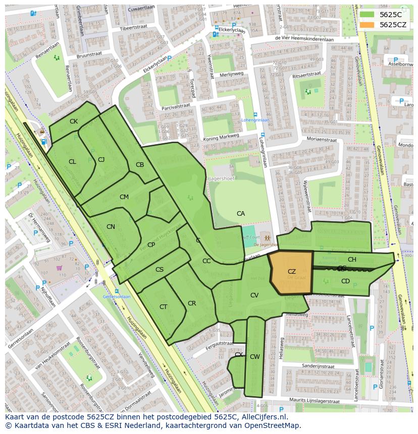 Afbeelding van het postcodegebied 5625 CZ op de kaart.