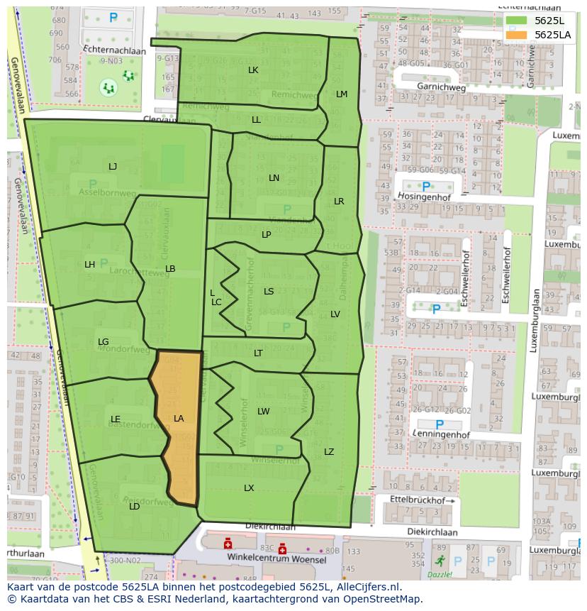Afbeelding van het postcodegebied 5625 LA op de kaart.