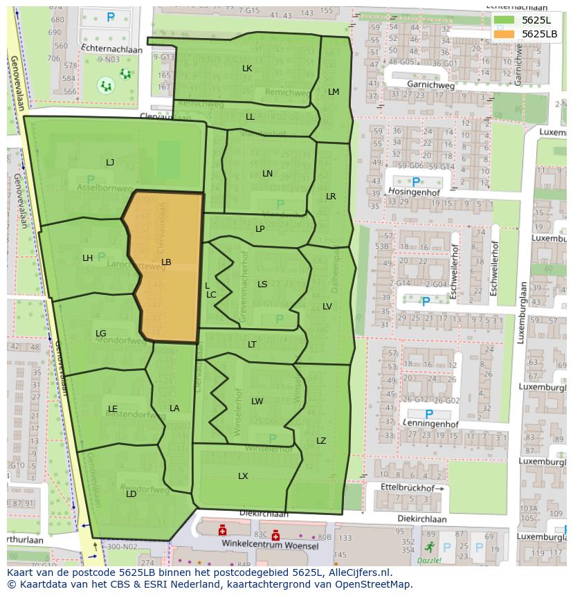 Afbeelding van het postcodegebied 5625 LB op de kaart.