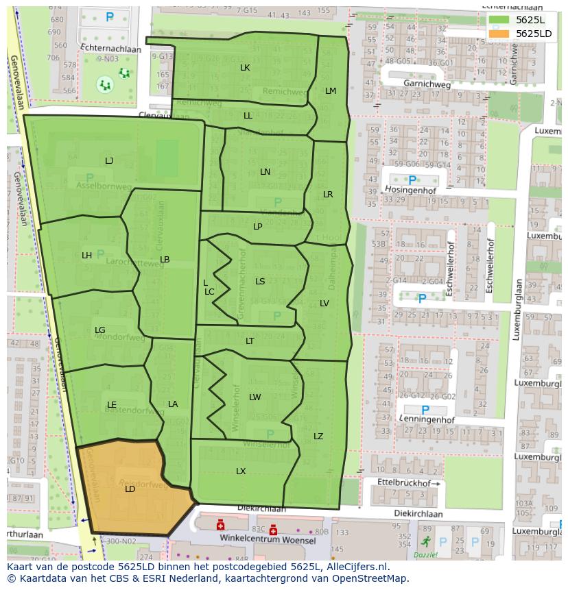 Afbeelding van het postcodegebied 5625 LD op de kaart.