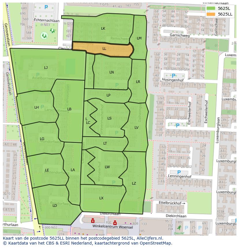 Afbeelding van het postcodegebied 5625 LL op de kaart.