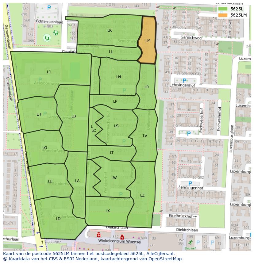 Afbeelding van het postcodegebied 5625 LM op de kaart.