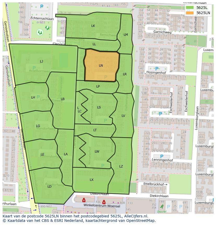 Afbeelding van het postcodegebied 5625 LN op de kaart.