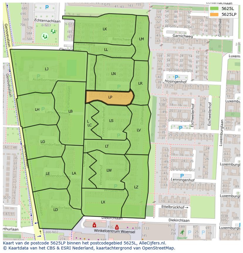 Afbeelding van het postcodegebied 5625 LP op de kaart.