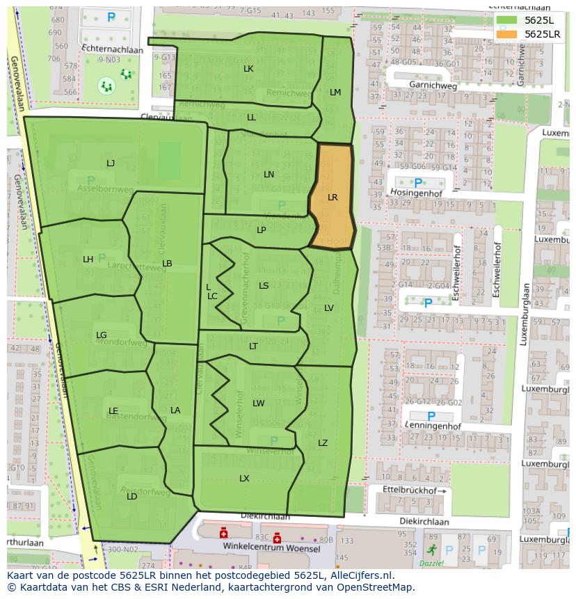 Afbeelding van het postcodegebied 5625 LR op de kaart.
