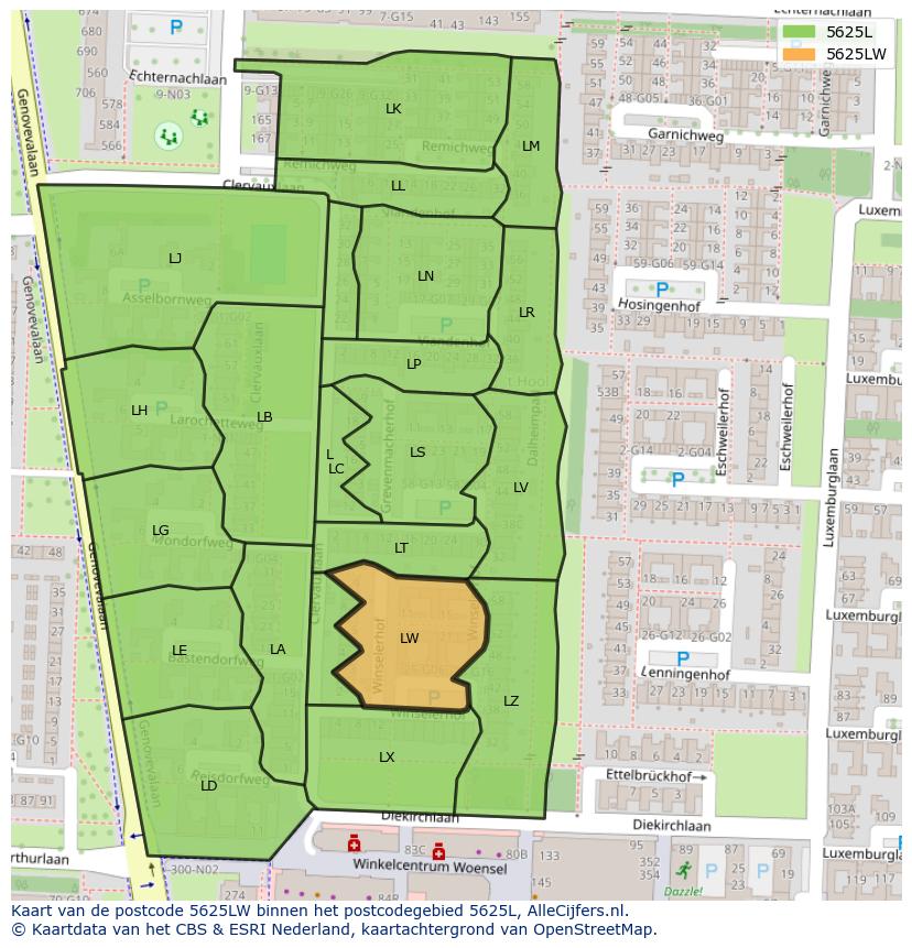 Afbeelding van het postcodegebied 5625 LW op de kaart.