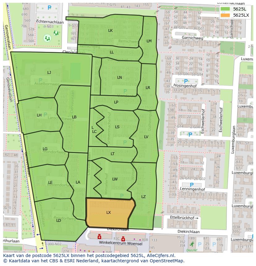 Afbeelding van het postcodegebied 5625 LX op de kaart.