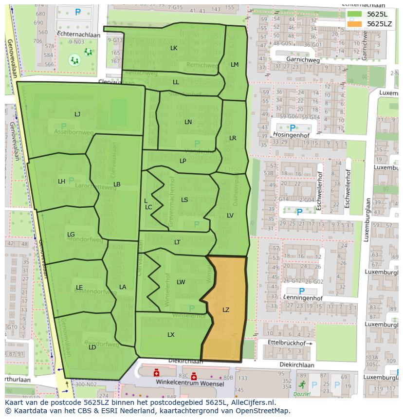 Afbeelding van het postcodegebied 5625 LZ op de kaart.