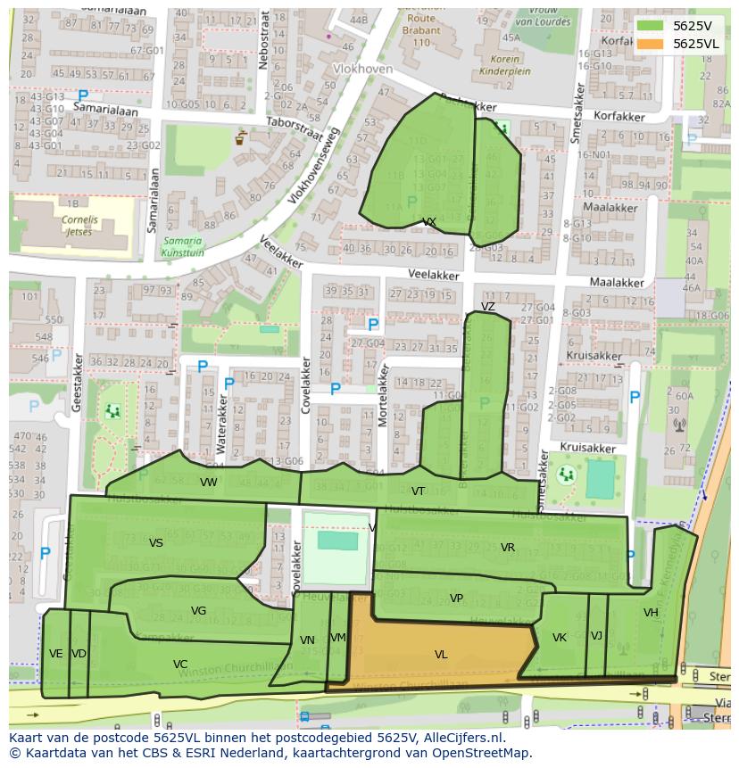 Afbeelding van het postcodegebied 5625 VL op de kaart.