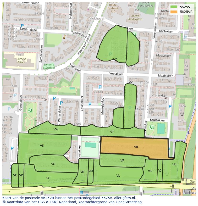 Afbeelding van het postcodegebied 5625 VR op de kaart.