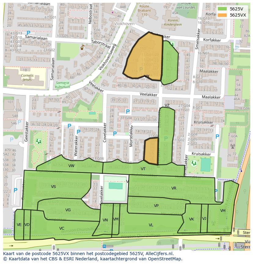 Afbeelding van het postcodegebied 5625 VX op de kaart.