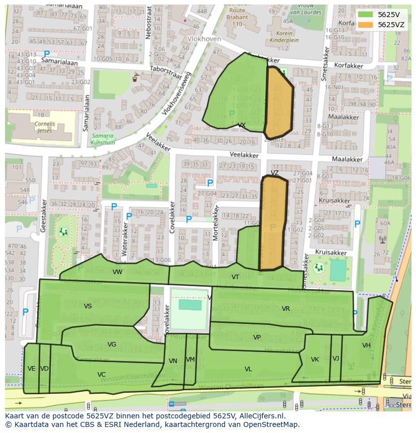 Afbeelding van het postcodegebied 5625 VZ op de kaart.