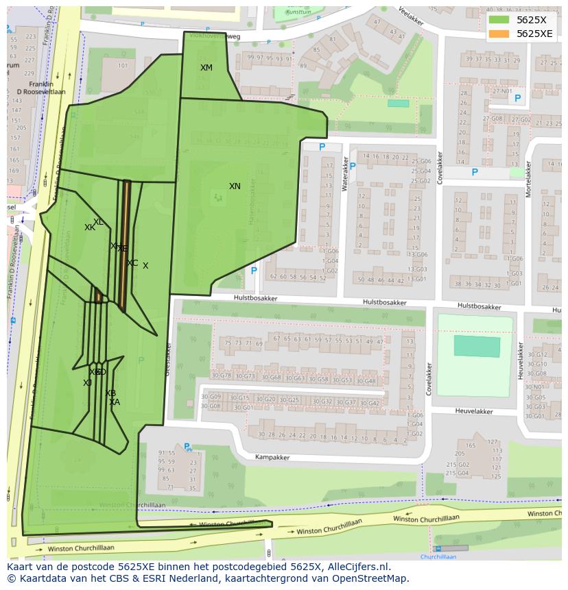Afbeelding van het postcodegebied 5625 XE op de kaart.