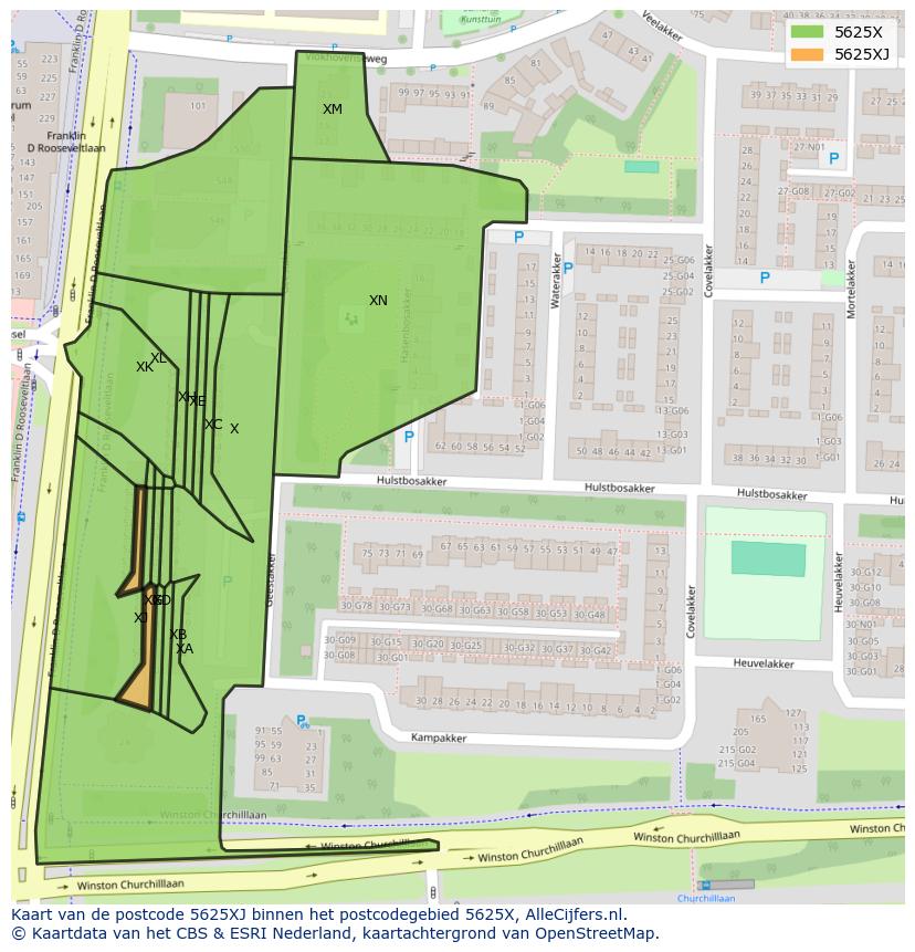 Afbeelding van het postcodegebied 5625 XJ op de kaart.