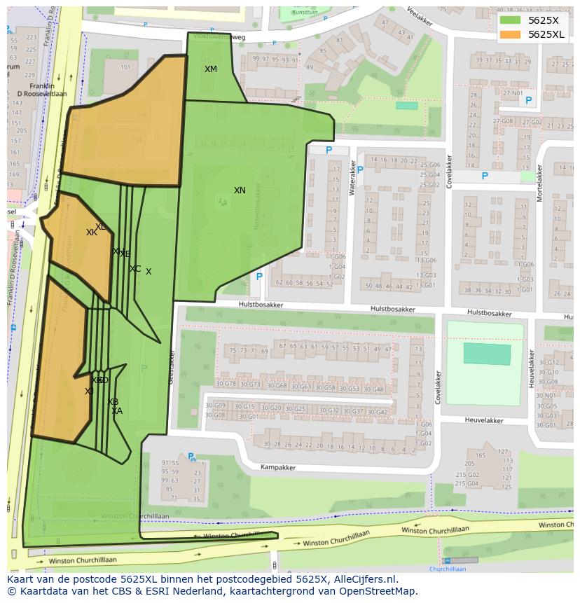 Afbeelding van het postcodegebied 5625 XL op de kaart.