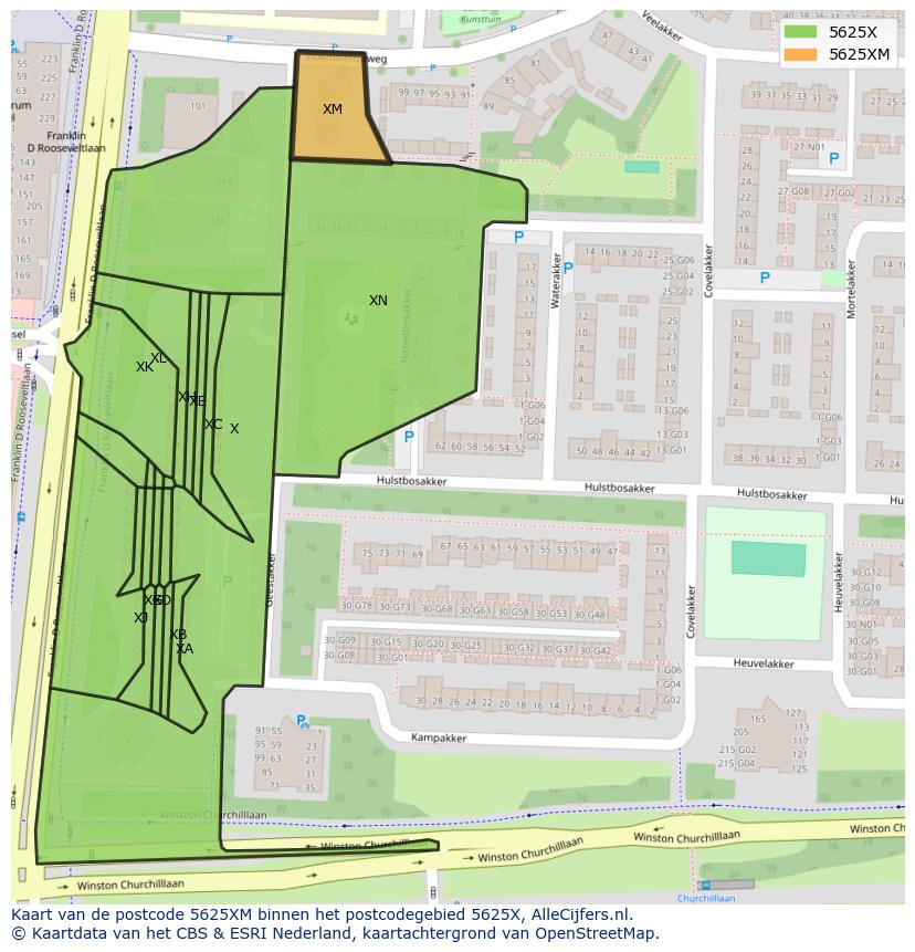 Afbeelding van het postcodegebied 5625 XM op de kaart.