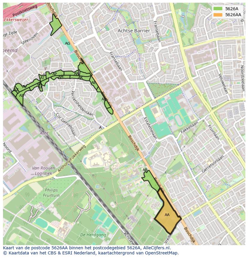 Afbeelding van het postcodegebied 5626 AA op de kaart.