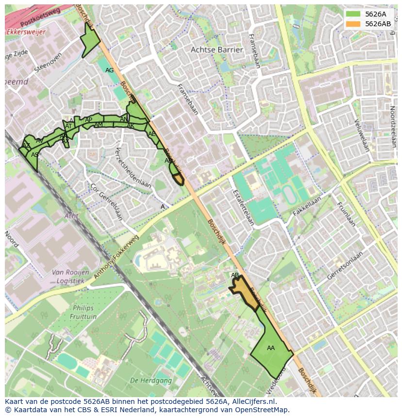 Afbeelding van het postcodegebied 5626 AB op de kaart.