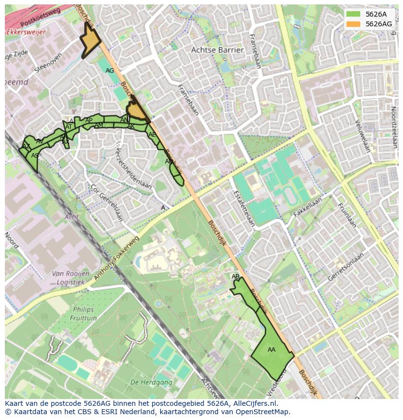 Afbeelding van het postcodegebied 5626 AG op de kaart.