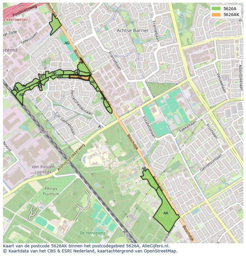 Afbeelding van het postcodegebied 5626 AK op de kaart.