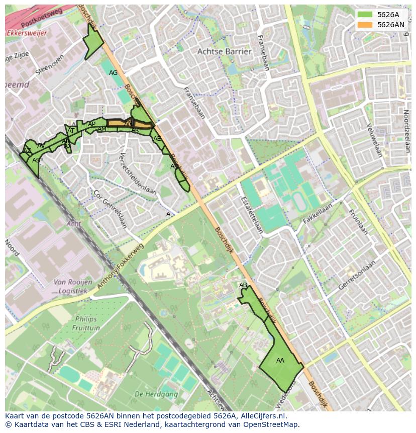 Afbeelding van het postcodegebied 5626 AN op de kaart.