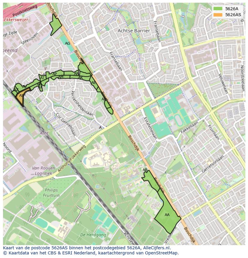 Afbeelding van het postcodegebied 5626 AS op de kaart.