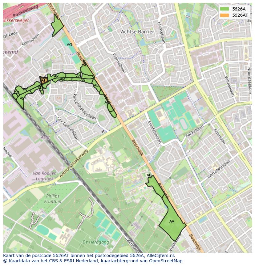 Afbeelding van het postcodegebied 5626 AT op de kaart.