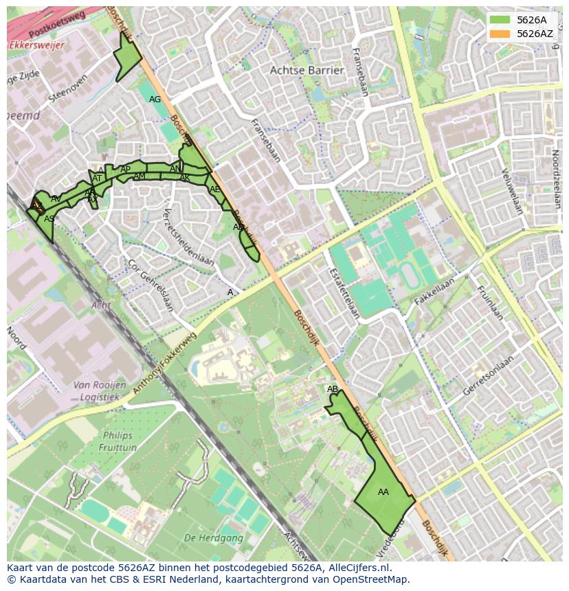 Afbeelding van het postcodegebied 5626 AZ op de kaart.