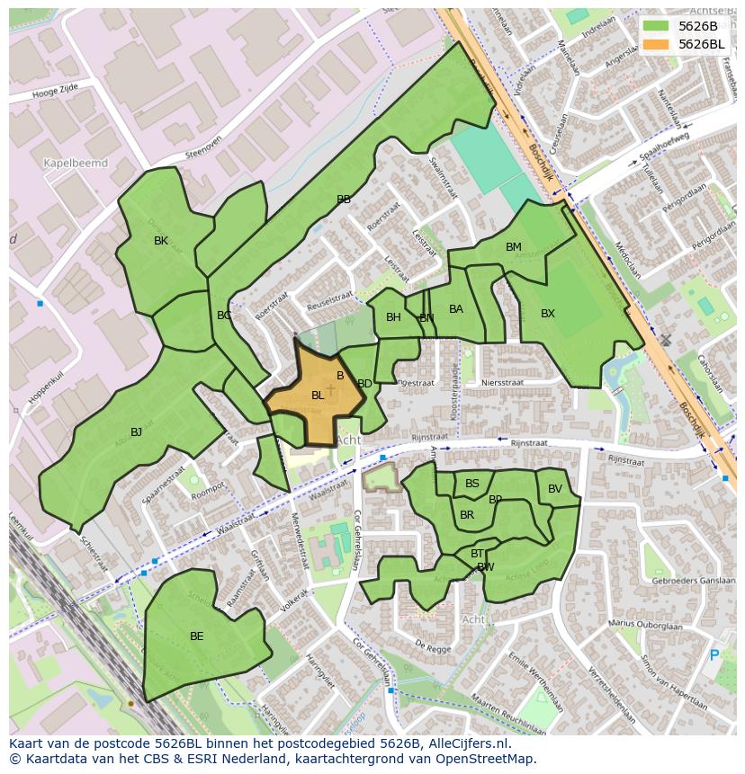 Afbeelding van het postcodegebied 5626 BL op de kaart.
