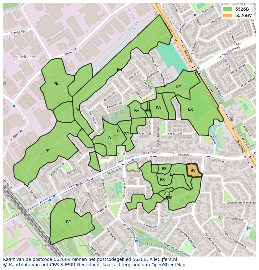 Afbeelding van het postcodegebied 5626 BV op de kaart.