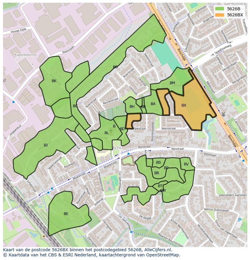 Afbeelding van het postcodegebied 5626 BX op de kaart.