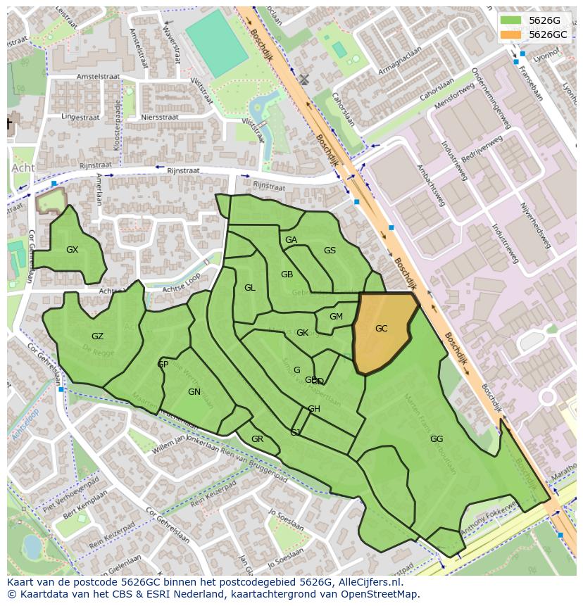 Afbeelding van het postcodegebied 5626 GC op de kaart.