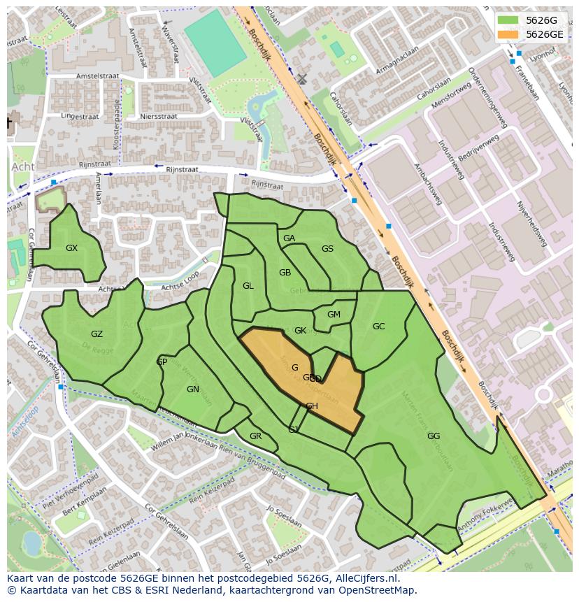 Afbeelding van het postcodegebied 5626 GE op de kaart.