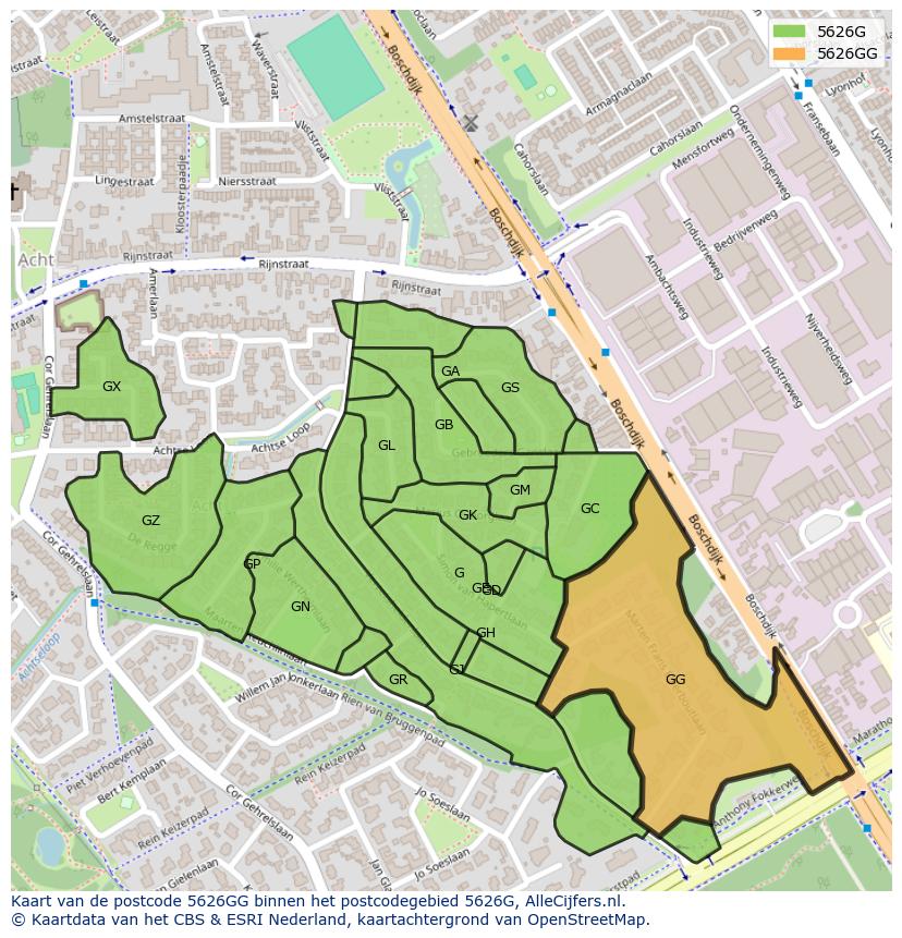 Afbeelding van het postcodegebied 5626 GG op de kaart.