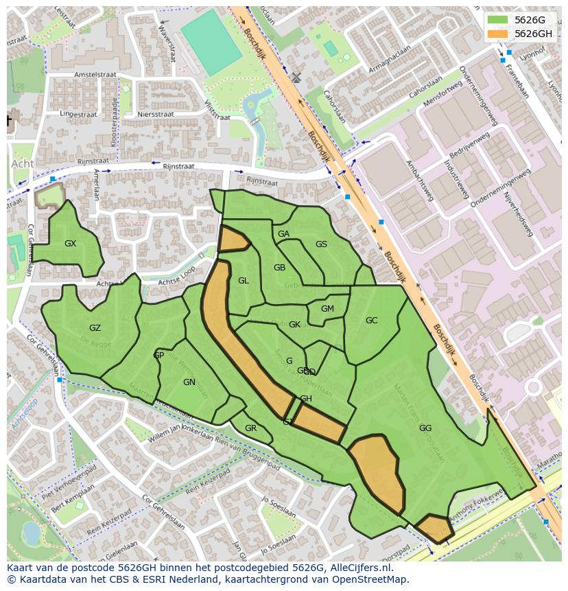 Afbeelding van het postcodegebied 5626 GH op de kaart.