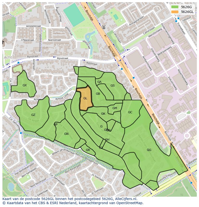 Afbeelding van het postcodegebied 5626 GL op de kaart.