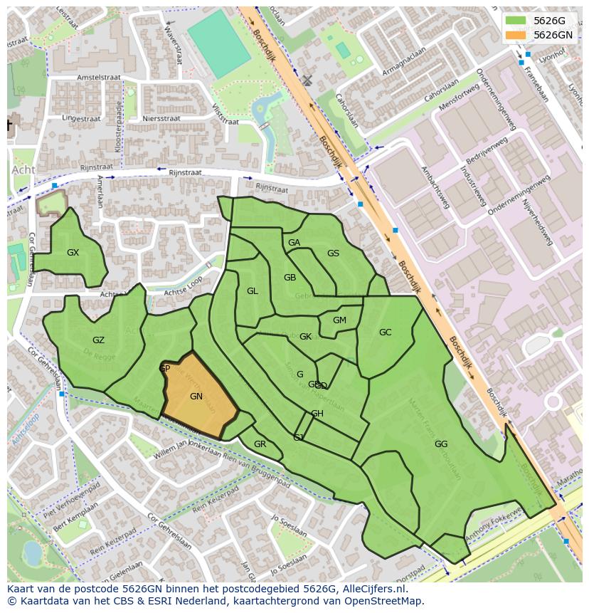 Afbeelding van het postcodegebied 5626 GN op de kaart.