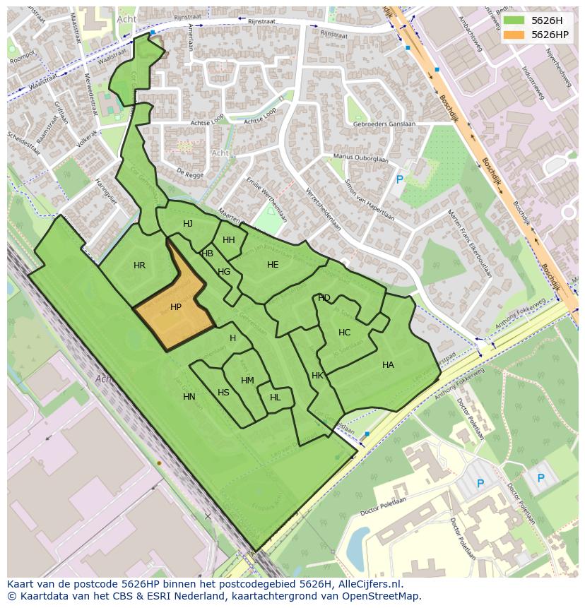 Afbeelding van het postcodegebied 5626 HP op de kaart.