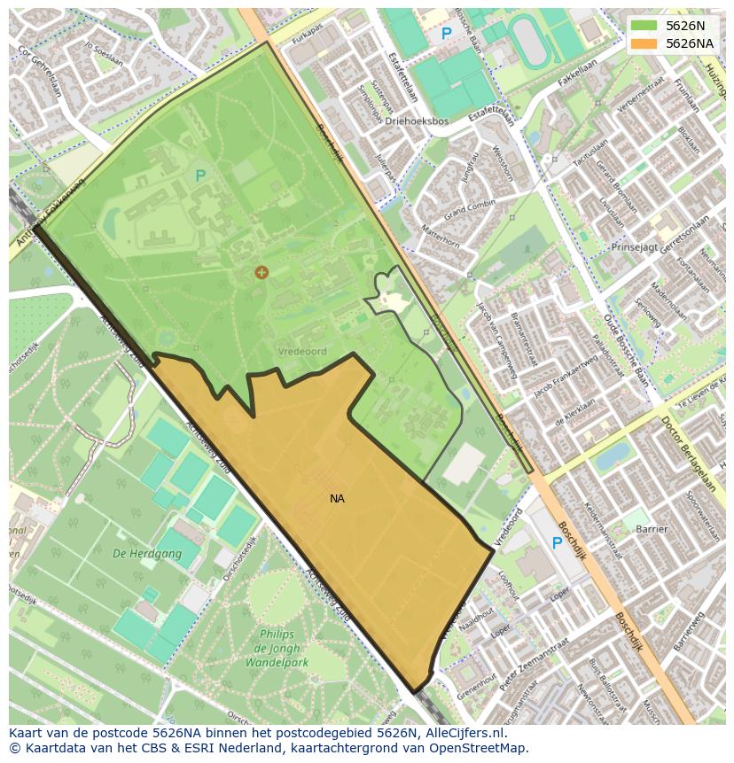 Afbeelding van het postcodegebied 5626 NA op de kaart.