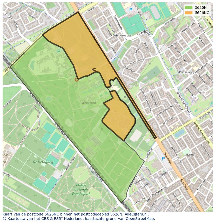 Afbeelding van het postcodegebied 5626 NC op de kaart.