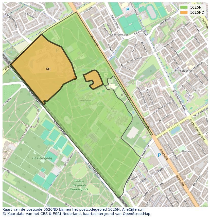Afbeelding van het postcodegebied 5626 ND op de kaart.